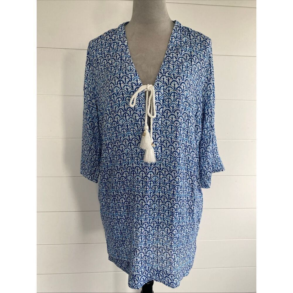 Sigrid Olsen Floral Blue Linen Dress S Beachy Coastal Grandma Staple Casual